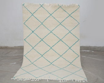 Geometric White and Blue Beni Ourain Rug – Custom Handmade Wool Carpet – Cozy Minimalist Living Room Area Rug