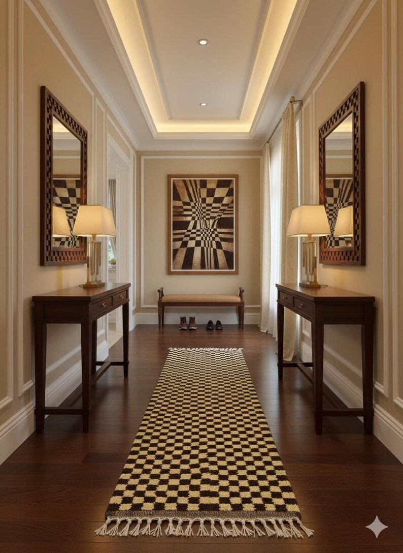 AUTHENTIC CHECKERED RUNNER, Beni Ourain Moroccan Carpet, Ivory and Brown Wool Hallway, Berber Kitchen Carpet, Hand Knotted Entryway Runner. image 3