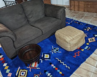 BLUE OCEAN RUG - Amazing Abstract Area Rug For Your Living Room - Handmade from Royal Blue Wool of Sheep, Inspired By Berber Nomadic Tribes.
