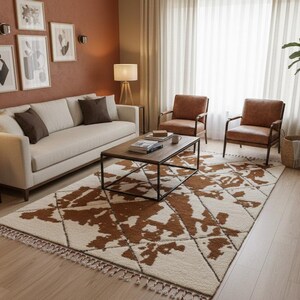 BENI OURAIN RUG, White & Brown Moroccan Rug, Custom Size Teppich Berber Rug, Geometric Handmade Area Rug, Soft Wool Moroccan Brown Carpet image 2