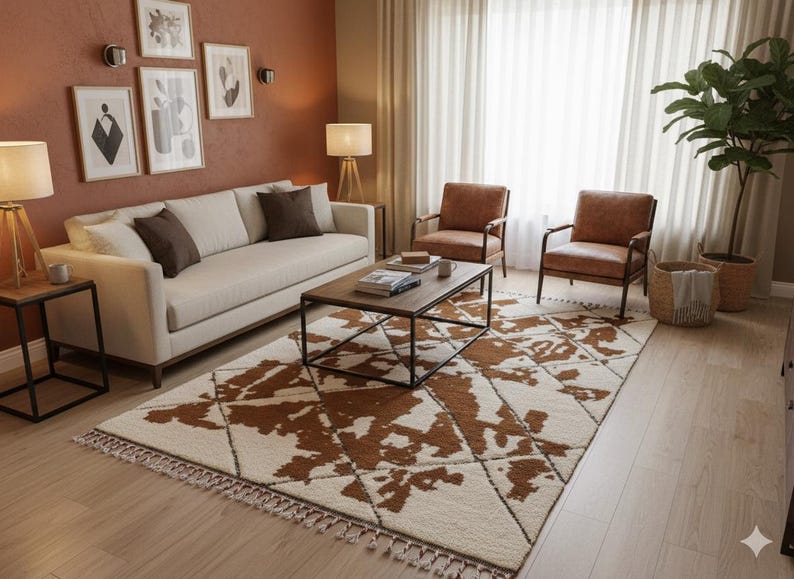 BENI OURAIN RUG, White & Brown Moroccan Rug, Custom Size Teppich Berber Rug, Geometric Handmade Area Rug, Soft Wool Moroccan Brown Carpet image 2