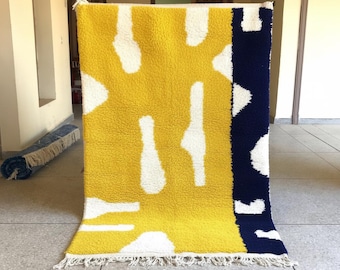 AMAZING YELLOW RUG, Soft Beni Ourain Rug, High-Quality Moroccan Wool Rug, Abstract Rug, Custom Size Area Rug, Handmade Berber Carpet