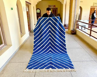 SHAG CARPET, Blue Area Rug, Custom Moroccan Rug, Beni Ourain Wool Rug, Striped Pattern Berber Rug, Handmade Modern Floor Accent