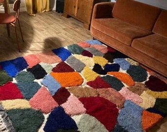 COLORFUL WOOL CARPET, Moroccan Tufted Rug, Custom Handmade Orange and Brown Rug, Handwoven Boho Rug, Berber Area Rug, Cozy Chic Beni Rug.
