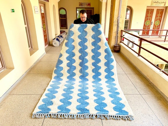 Moroccan Blue & White Wavy Striped Rug, Handmade Custom Size Beni Ourain Rug