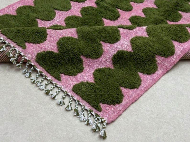 BENI OURAIN RUG, Moss Green & Pink Moroccan Berber Rug, Handmade Striped Wool Carpet, Contemporary Living Room Rug