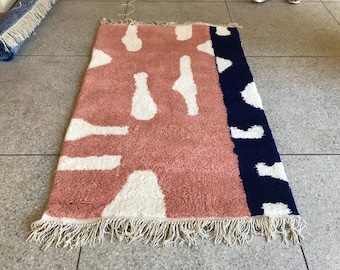 Pink & Blue Beni ourain Rug - Moroccan Handmade Wool Berber Carpet - Abstract Scandinavian Area Rug
