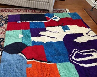 Moroccan Rug – Colorful Abstract Handmade Beni Ourain Wool Carpet – Custom Multicolor Bohemian Area Rug for Vibrant Living Room