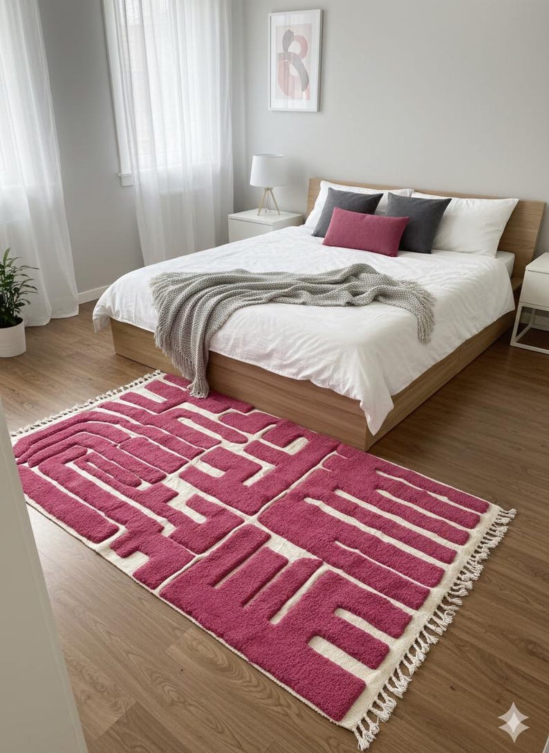 PINK AREA RUG, Custom Beni Ourain Moroccan Rug, Berber Wool Abstract Shag Carpet image 10