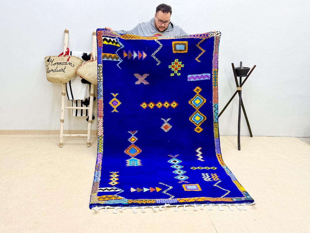 Moroccan Beni Ourain Rug - 8x5 Handmade Blue Wool Area Rug - Carpet for ...