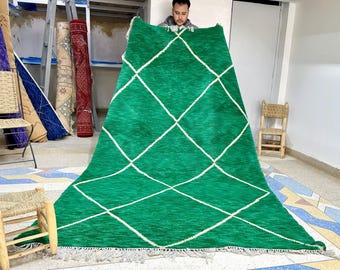 Moroccan Rug - Green and White Geometric Beni Ourain Wool Carpet - Custom Handmade Area Rug for Bohemian Living Room or Bedroom