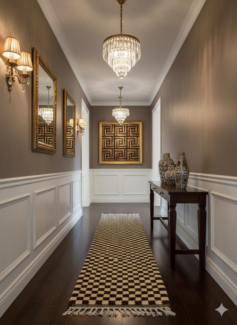 AUTHENTIC CHECKERED RUNNER, Beni Ourain Moroccan Carpet, Ivory and Brown Wool Hallway, Berber Kitchen Carpet, Hand Knotted Entryway Runner. image 4
