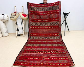 VINTAGE WOOL CARPET, 11.3x5FT Unique Moroccan Rug, Berber Abstract Rug, Handmade Beni Ourain Rug, Red Vintage Rug, Handwoven Area Rug.