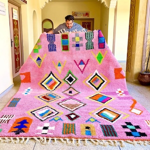 Pink Multicolor Abstract Carpet – Handmade Moroccan Wool Area Rug for Boho Living Room Bedroom