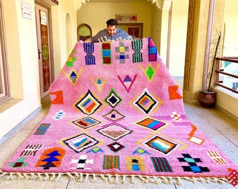 Pink Multicolor Abstract Carpet – Handmade Moroccan Wool Area Rug for Boho Living Room Bedroom