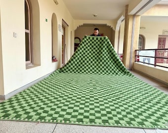 AMAZING CHECKERED RUG, Soft Beni Ourain Rug, High-Quality Moroccan Wool Rug, Green Rug, Custom Size Area Rug, Handmade Berber Carpet