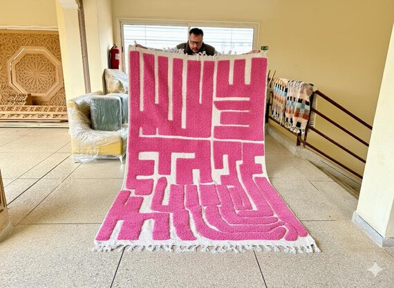 PINK AREA RUG, Custom Beni Ourain Moroccan Rug, Berber Wool Abstract Shag Carpet