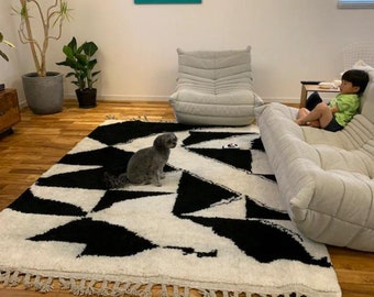 Moroccan Rug - Black and White Geometric Beni Ourain Wool Carpet - Custom Handmade Area Rug for Scandinavian Living Room & Bedroom