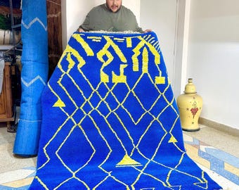 Moroccan Rug - Yellow and Blue Abstract Beni Ourain Wool Carpet - Custom Handmade Soft Wool Area Rug for Bohemian Living Room or Bedroom