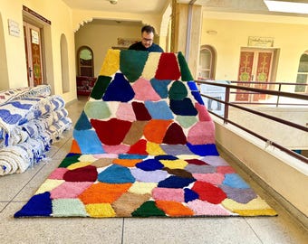 MOROCCAN WOOL CARPET, Custom Beni Ourain Rug, Multicolor Geometric Design, Bohemian Berber Area Rug, Hand-tufted Comfort with Style