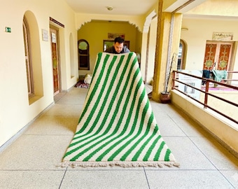 COZY GREEN RUG, Custom Moroccan Rug, Beni Ourain Wool Rug, Berber Area Rug, Handmade Striped Carpet, Luxe Shag Rug for Contemporary Homes
