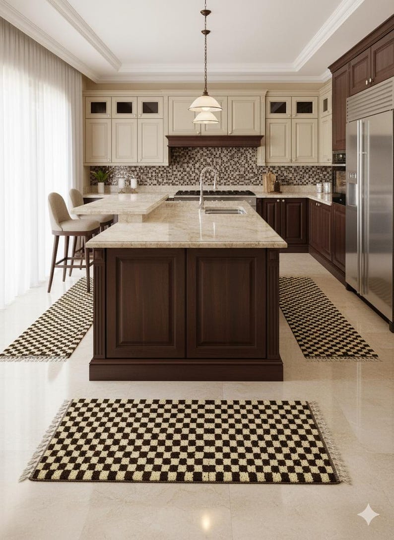 AUTHENTIC CHECKERED RUNNER, Beni Ourain Moroccan Carpet, Ivory and Brown Wool Hallway, Berber Kitchen Carpet, Hand Knotted Entryway Runner. image 5