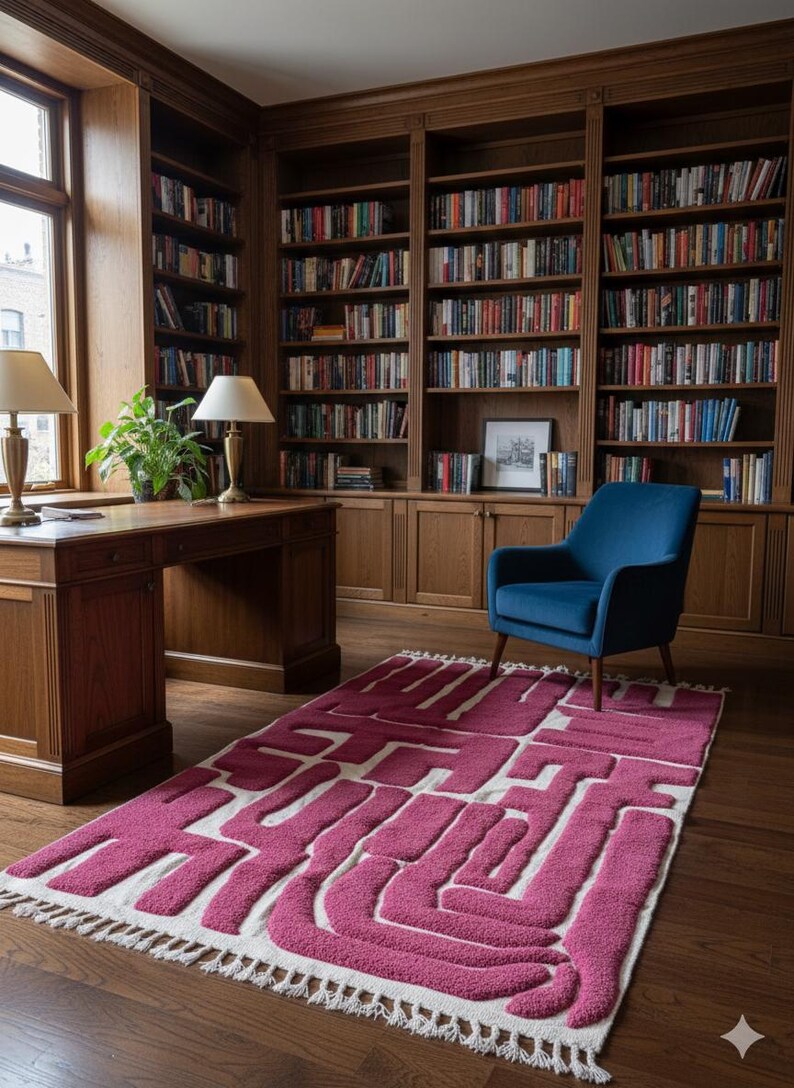 PINK AREA RUG, Custom Beni Ourain Moroccan Rug, Berber Wool Abstract Shag Carpet image 8