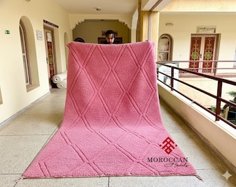 Pink Geometric Hand-Tufted Moroccan Rug, Striped Custom Beni Ourain Wool Carpet, Handmade Soft Area Rug for Living Room, Bedroom & Nursery