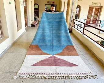 AMAZING MOROCCAN RUG, Soft Beni Ourain Rug, High-Quality Moroccan Wool Rug, Blue & White Rug, Custom Size Area Rug, Handmade Berber Carpet