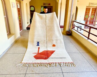 Bohemian Moroccan Rug – White and Red Beni Ourain Rug, Abstract Handmade Area Rug for Modern Home Decor
