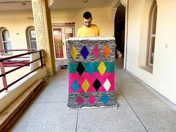 Moroccan Multicolor Rug- Geometric Abstract Beni Ourain Carpet– Handmade Vibrant Wool Berber Rug for Boho Living Room, Bedroom or Kids’ Room