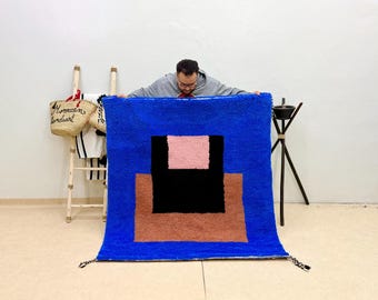 Moroccan Beni Ourain Rug - Handmade Blue Wool Area Rug - Custom Carpet For Living Room