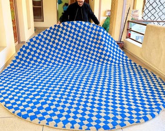 Moroccan Round Rug - Beni ourain Handmade Round Carpet - Custom Checkered Berber Rug - Wool Circle Rug - Custom Berber Round Carpet