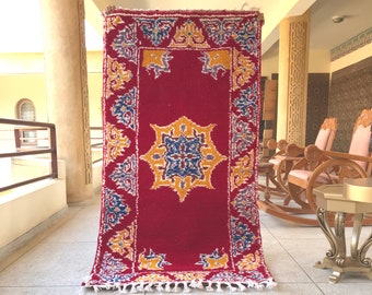 Moroccan Rug - Red Abstract Beni Ourain Wool Carpet - Custom Handmade Area Rug for Bohemian Living Room or Bedroom