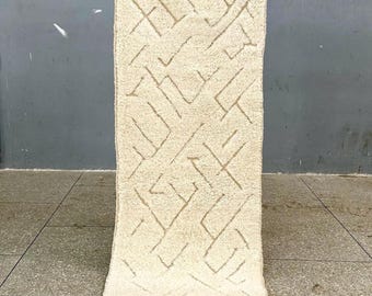 Hand-Tufted Moroccan White Abstract Wool Runner - Custom Beni Ourain Rug for Contemporary Hallway or Entryway
