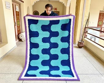 GORGEOUS BENIOURAIN RUG, Moroccan Handmade Carpet, Tribal Blue Rug, Berber Wool Rug, Striped Rug, Area Wool Rug, Funky Wool Rug