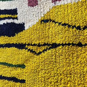 Puede incluir: Primer plano de una alfombra colorida con un patr&oacute;n amarillo, negro, blanco, verde y rosa. La alfombra est&aacute; hecha de un material suave y esponjoso.