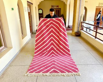 SHAG CARPET, Pink Area Rug, Custom Moroccan Rug, Beni Ourain Wool Rug, Striped Pattern Berber Rug, Handmade Modern Floor Accent