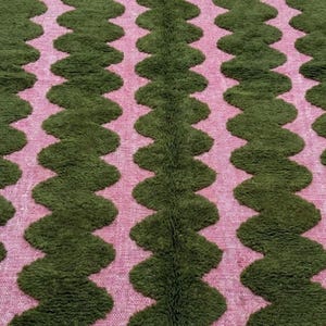 BENI OURAIN RUG, Moss Green & Pink Moroccan Berber Rug, Handmade Striped Wool Carpet, Contemporary Living Room Rug