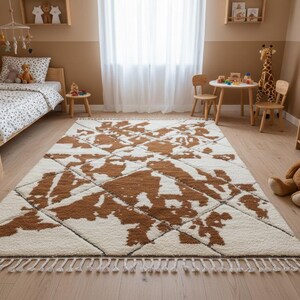 BENI OURAIN RUG, White & Brown Moroccan Rug, Custom Size Teppich Berber Rug, Geometric Handmade Area Rug, Soft Wool Moroccan Brown Carpet image 3