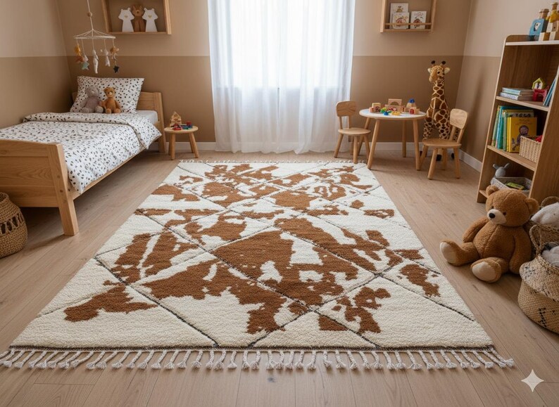 BENI OURAIN RUG, White & Brown Moroccan Rug, Custom Size Teppich Berber Rug, Geometric Handmade Area Rug, Soft Wool Moroccan Brown Carpet image 3