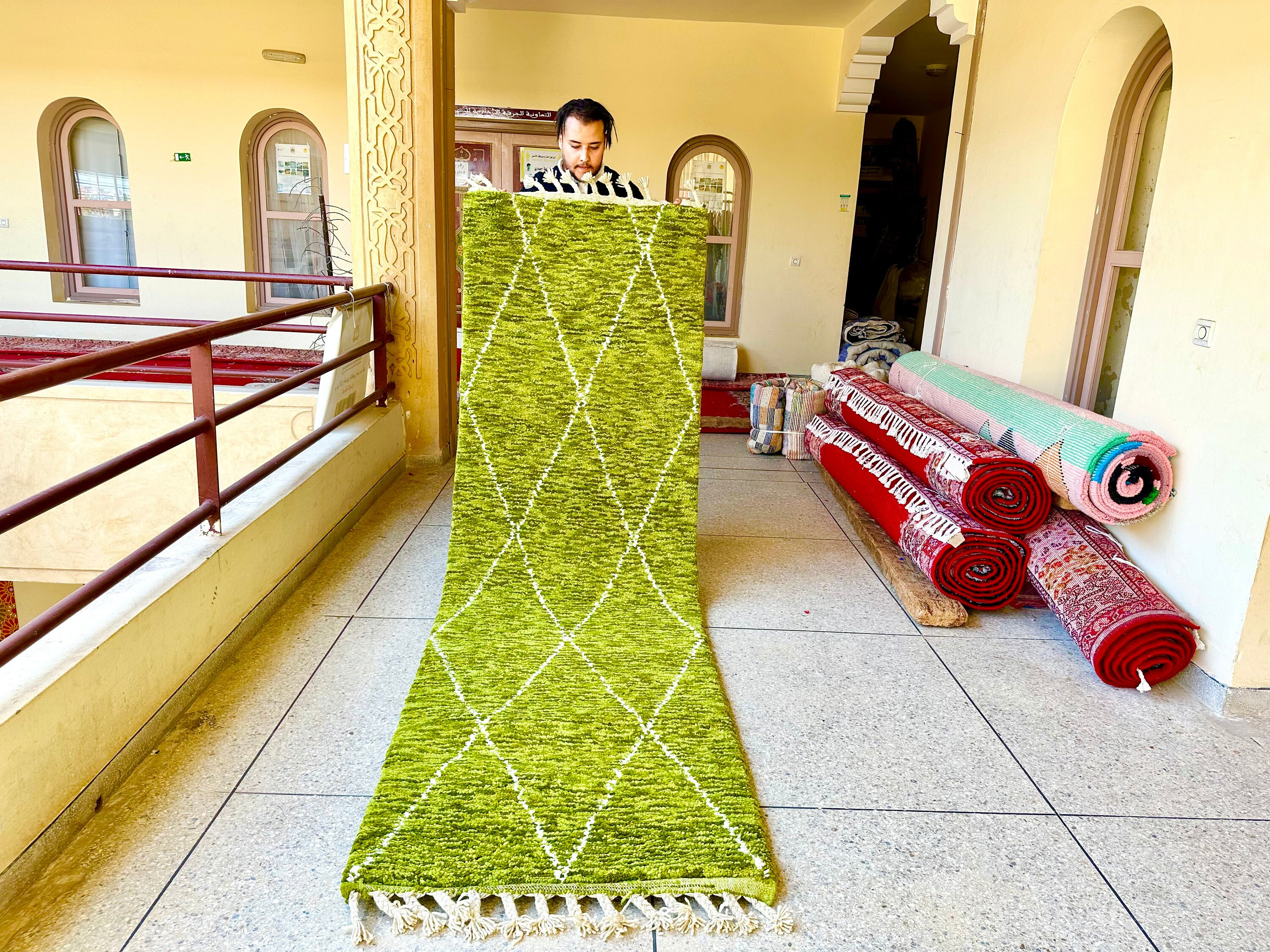 AMAZING BENI OURAIN Rug, Moroccan Rug, Handwoven Runner , Green and White Rug, Unique Custom Rug, Wool Rug, Berber Rug, Abstract Rug