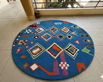 MOROCCAN ROUND RUG, Beni ourain BLue Circle Rug, Abstract handmade Carpet, Custom Wool Rug, Authentic Berber Area Rug, Luxury Beni Rugs.