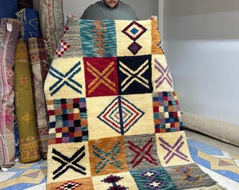 Moroccan Multicolored Rug – Checkered Abstract Beni Ourain Wool Carpet – Custom Handmade Area Rug for Boho Living Room or Bedroom Decor