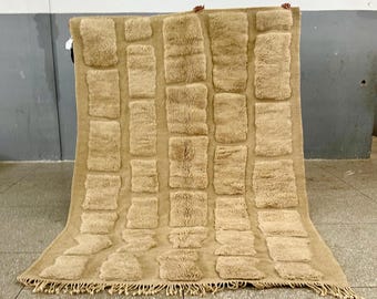 Hand-Tufted Rug, Moroccan Checkered Ivory Rug, Solid Beni Ourain Custom Handmade Soft Wool Rug, Scandinavian Area Carpet For Living Room