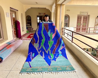 Wool Berber Rug - 8.2x5.4 Boho Rug - Moroccan Rug For Living Room - Blue Rug - Handmade Rug For Bedroom - Fun Gifts For Mom -Whimsical Decor