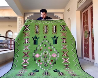HANDMADE RUG, Abstract Moroccan Rug, Artisan Berber Carpet, Custom Size Wool Rug, Green Beni ourain Area Rug, Crafted Interior Decor.