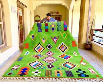 MOROCCAN HANDMADE RUG, Beni ourain Green Shag Rug, Abstract Carpet, Custom Wool Rug, Authentic Berber Area Rug, Luxury Beni Rugs.