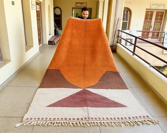 AMAZING MOROCCAN RUG, Soft Beni Ourain Rug, High-Quality Moroccan Wool Rug, Orange & White Rug, Custom Size Area Rug, Handmade Berber Carpet