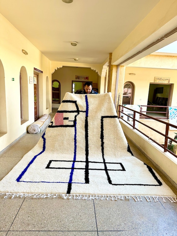 PURE WOOL RUG, Custom Black & White Decor, Handwoven Moroccan Rug, Beni Ourain Berber Carpet, Eye-Catching Striped Area Rug, Home Accent.